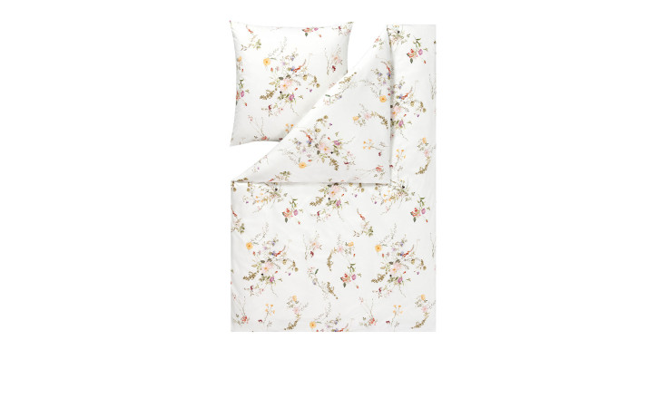 Estella Mako-Jersey-Bettwäsche Leoni 135x200 cm Set mit Blumenmuster, bestehend aus Bettbezug und Kissen, abgebildet auf Weiß.