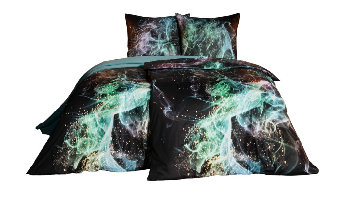Estella Mako-Jersey-Bettwäsche Colour 135x200 cm: abstrakte teal, grün & weiße Lichter auf schwarz, inkl. Kissen- & Bettbezug.