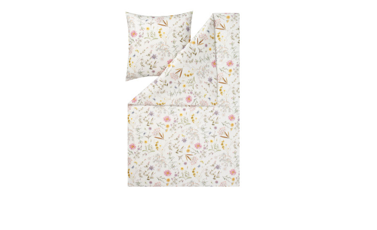 Mako-Jersey-Bettwäsche Marica 155x200 cm: weiche Baumwollgarnitur mit pastellfarbenem Blumendruck auf knackigem Weiß.
