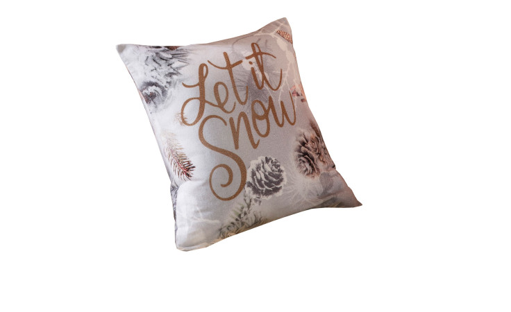 Kissenhülle Let it Snow 50x50 cm, mit Kiefernzapfen-Design auf weißem Baumwoll-Hintergrund.