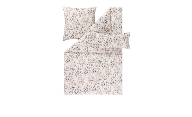 Mako-Jersey-Bettwäsche Jolanda 155x220cm mit Blumendruck enthält einen Bettbezug und zwei Kissenbezüge.