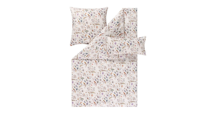 Mako-Jersey-Bettwäsche Jolanda 155x200 cm: florale Baumwoll-Bettwäsche mit hellem Hintergrund und bunten Blumen.