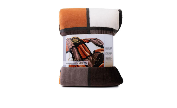 Gözze Heimdecke Cashmerefeeling 150 x 200 cm, kariert, gefaltet in etikettierter Verpackung mit braunen, orangen, schwarz-weißen Blöcken.
