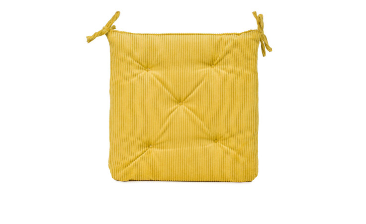 Ambiente Trendlife Sitzkissen Capri 40x40 cm, Senf-Gelb Jacquard, getuftet mit Eckbändern auf weißem Grund.