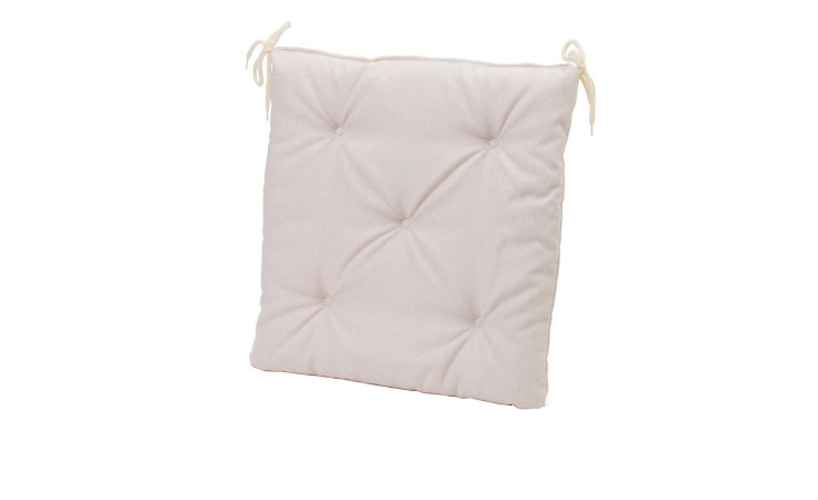 Sitzplatte Darco 40x40 cm von Ambiente Trendlife, getuftetes cremefarbenes Kissen mit Bändern und Schaumstofffüllung, auf weiß.