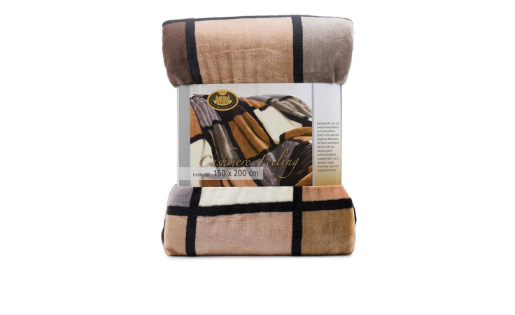 Gözze Heimdecke Cashmerefeeling 150x200cm in Braun/Creme/Taupe, gefaltet, klar verpackt mit Frontetikett.