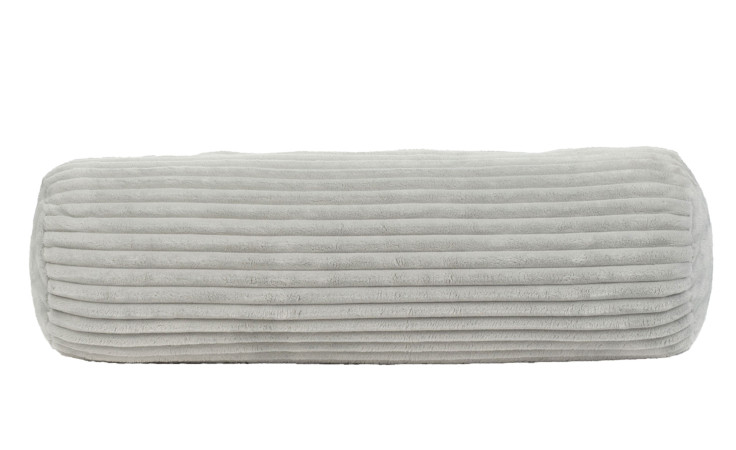 Die Gözze Nackenrolle Cord 70x22 cm ist ein hellgraues, geripptes zylindrisches Kissen mit Kunstfaserfüllung und Plüschtextur.