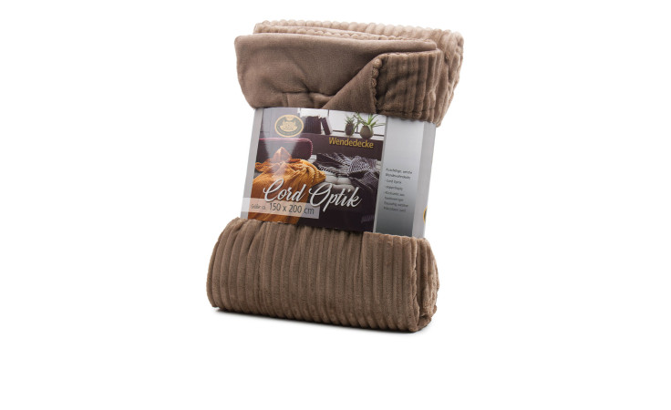 Gefaltete Gözze Wohndecke Cord 150 x 200 cm in taupe, geripptes Design mit Etikett, stehend auf weißem Grund.