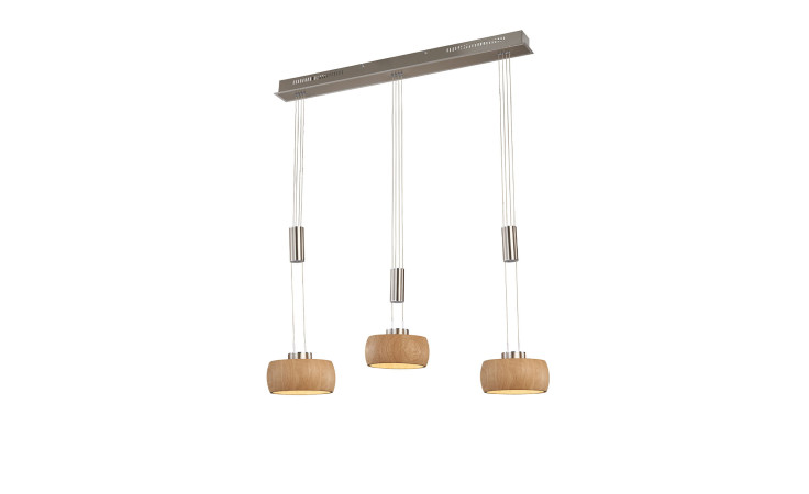 Die Fischer-Honsel LED-Pendelleuchte Shine-Wood 100 cm hat drei holzfarbene Pendelleuchten an einer Metallhalterung mit klaren Kordeln.