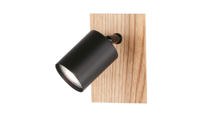 Die Fischer-Honsel Wandleuchte Holton 9 cm ist ein schwarzer Metall-Wandstrahler auf einem holzfarbenen Sockel, der nach unten geneigt ist.