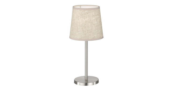 Tischleuchte Rimini 30 cm von Fischer-Honsel: Schirm aus beigem Stoff, Gestell aus silbernem Metall, runder Fuß.