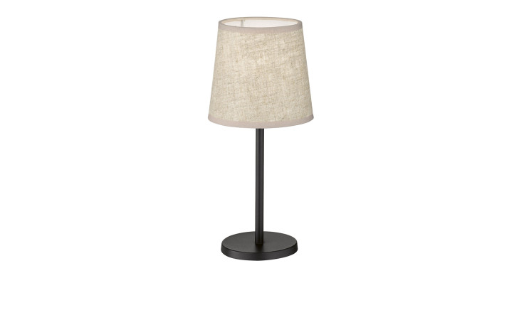Die Fischer-Honsel Tischleuchte Rimini 30 cm hat einen beigen Stoffschirm und einen schlanken schwarzen Metallfuß.