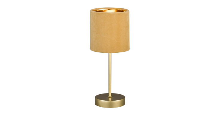 Die Fischer-Honsel Tischleuchte Aura 34 cm hat einen goldenen Ständer, einen runden Fuß und einen Samtstoffschirm.
