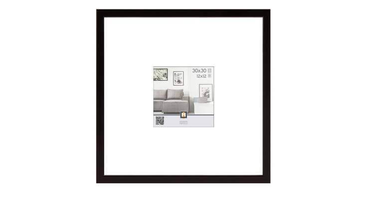Intertrading Kunststoffrahmen Madrid 32x32 cm in Schwarz, abgebildet mit grauem Sofa und Wandkunst auf weißem Hintergrund.