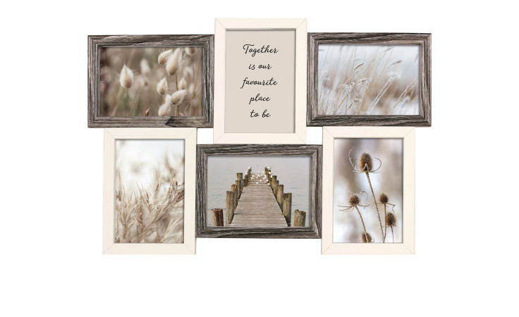 Collagenrahmen Meran 46,5x29,5 cm in Holzwerkstoff mit bunten Bildern, Trockenpflanzen, Holzsteg und Zitat.