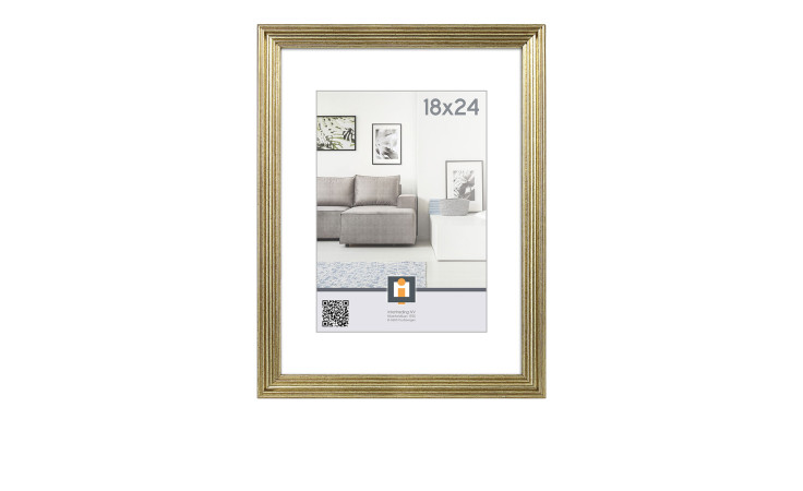Intertrading Kunststoffrahmen Salerno, abgebildet mit einem Beispiel für ein modernes Wohnzimmer und dem Text "18x24" in der Mitte.