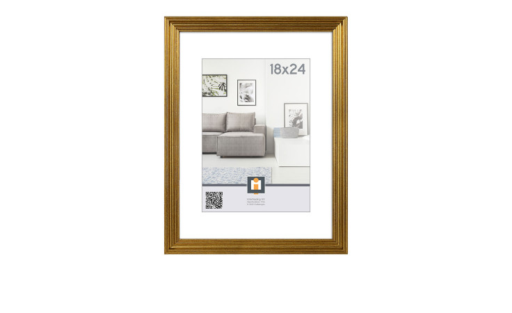 Intertrading Kunststoffrahmen Salerno 18x24 cm, gold, mit modernem Wohnzimmerfoto und Größenetikett in der Mitte.