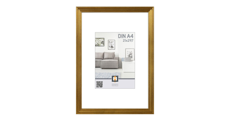 Intertrading Kunststoffrahmen Salerno 21x30 cm, Gold mit Glasfront, abgebildet mit Sofabild.