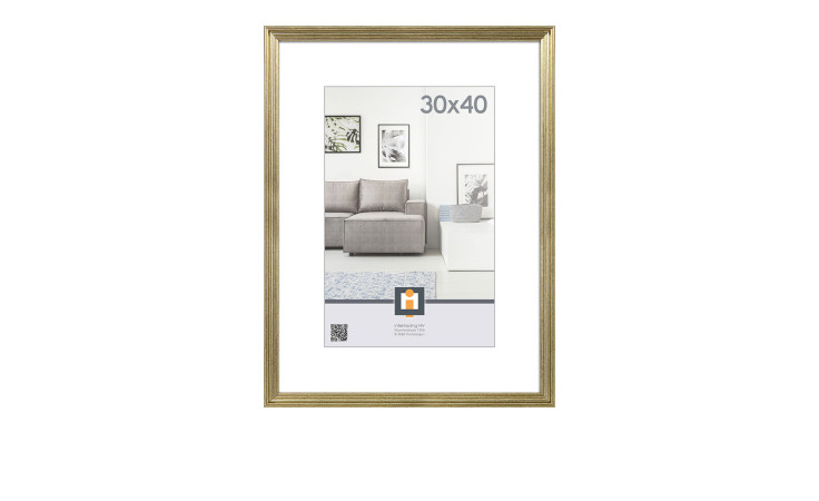 Intertrading Kunststoffrahmen Salerno 30x40 cm mit Glasfront zeigt einen modernen Wohnzimmerdruck mit grauem Sofa.