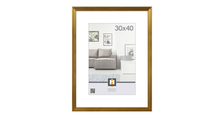 Der Intertrading Kunststoffrahmen Salerno 30x40 cm in Gold mit Glas zeigt eine moderne Wohnraumszene.