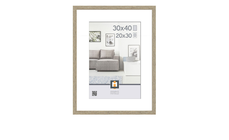Intertrading Kunststoffrahmen Madrid 30x40 cm, helle Holzoptik, gezeigt im modernen Wohnzimmer, montiert.