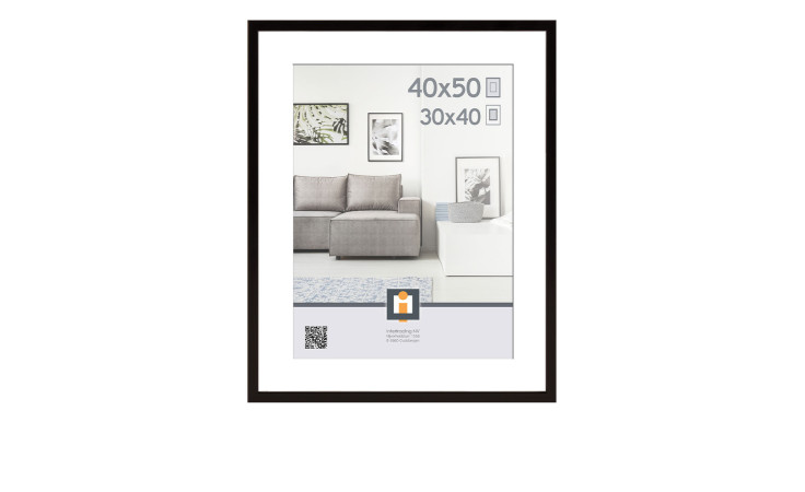 Intertrading Kunststoffrahmen Madrid 30 x 50 cm, fertig montiert, mit moderner Wohnzimmer-Deko und grauem Sofa.