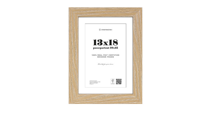 Holzrahmen Toronto 13x18 cm, helles Holz mit Glas und weißem Passepartout, Produktinformation innen.