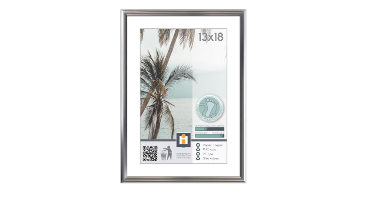 Ein silberner Intertrading Kunststoffrahmen Kyoto 13 x 18 cm zeigt eine Palme am Meer mit Produktinfo und QR-Code.