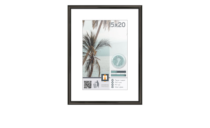 Intertrading Kunststoffrahmen Kyoto 15x20 cm mit Palmenstrandfoto; Icons zeigen Glas, QR-Code und Rahmenmerkmale.