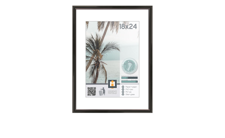 Intertrading Kunststoffrahmen Kyoto 18x24 cm Poster mit Palmen, Produktinformation und QR-Code unten links.