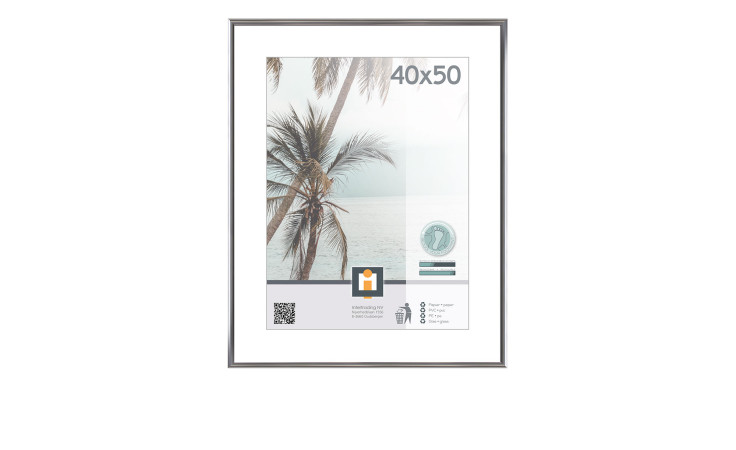 Intertrading Kunststoffrahmen Kyoto 40x50 cm mit Palmdruck, Silberakzenten und Infoblatt im Rahmen.