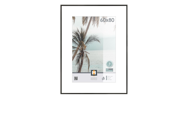 Intertrading Kunststoffrahmen Kyoto 60x80 cm mit Palmenmotiv am Ozean, Label oben rechts.