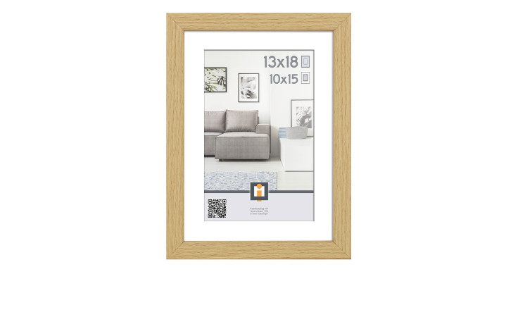 Intertrading Kunststoffrahmen Madrid 13x18 cm, beige, zeigt Beispielbild von grauem Sofa und Wandkunst.