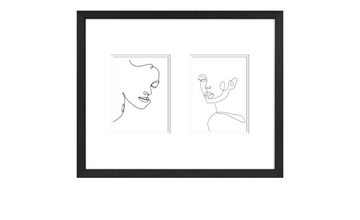 Minimalistisches Strichbild zweier abstrakter Gesichter in Holzrahmen Larino 40 x 50 cm, nebeneinander auf Weiß.