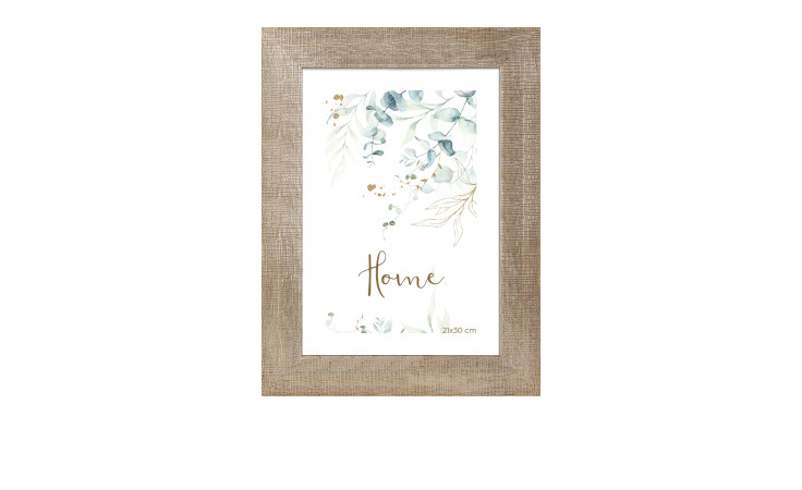 Kunststoff-Bilderrahmen Leeds 21x30 cm, silberfarben, mit floralem Kunstwerk und goldenem "Home"-Text.
