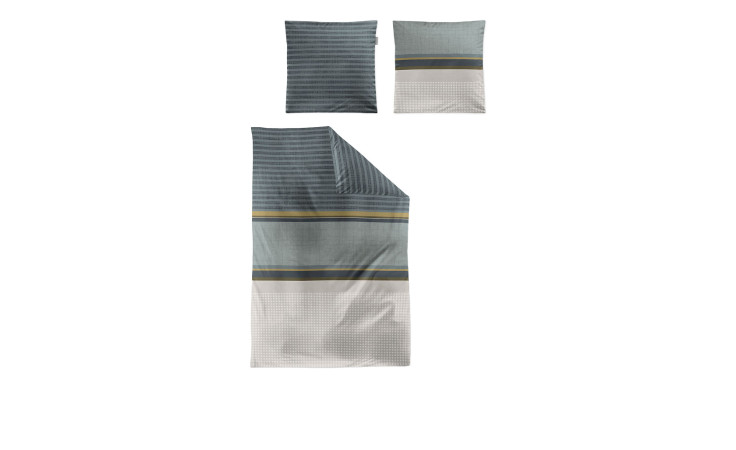 Mako-Satin Bettwäsche Wave 135 x 200 cm Set mit Kissenbezug in blau, grau, gelb und weiß gestreift.