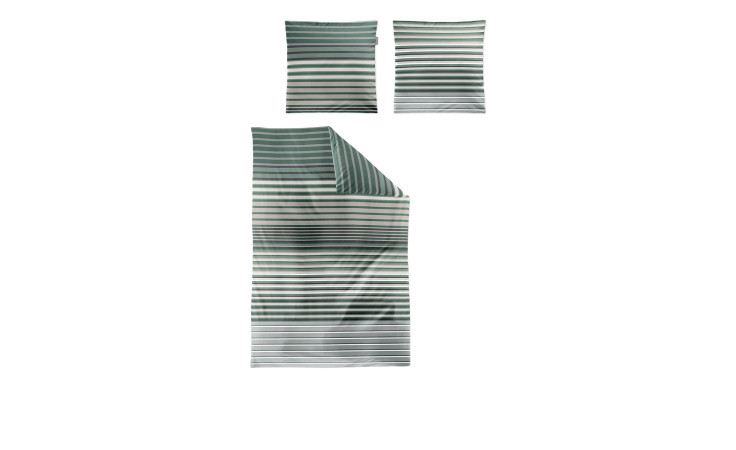 Satin Bettwäsche Lotus 155x220 cm mit zwei 80x80 Kissenbezügen, grau und weiß gestreift, auf weißem Hintergrund.