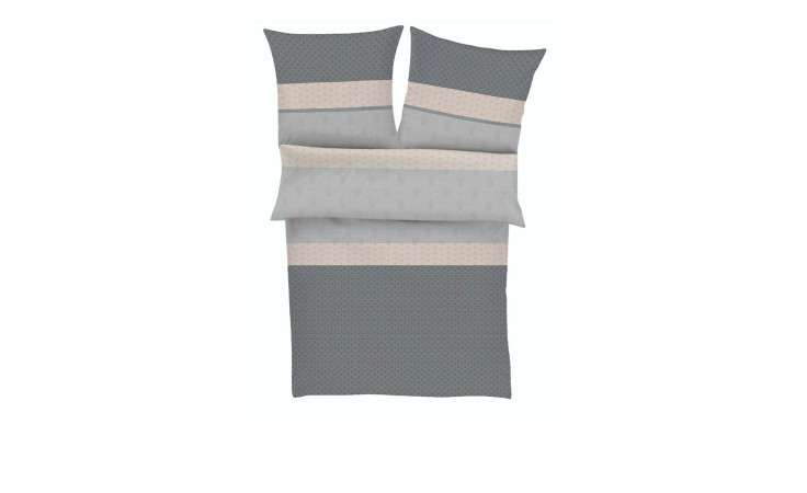 Bugatti Satin-Bettwäsche 135x200 cm in Grau-Beige gestreift mit Punkten, incl. Kissenbezügen und Decke.