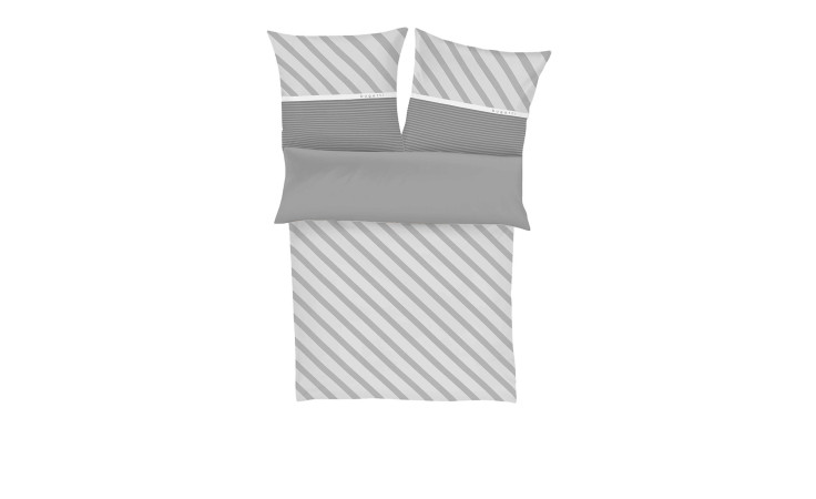 Grau-weiß gestreiftes Satin Bettwäsche bugatti 135 x 200 cm Set mit passender Bettdecke und Kopfkissenbezug auf weißem Hintergrund.