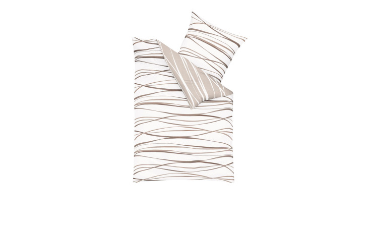 Biber-Bettwäsche 135 x 200 cm mit braunen Wellenlinien und Kissenbezug auf weißem Hintergrund.