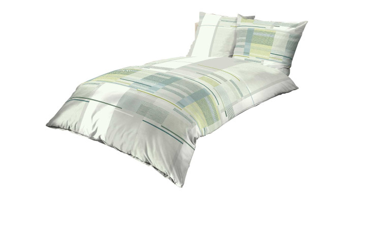 Bett mit Satin-Bettwäsche Zoom 135x200 cm und Kissen mit modernem geometrischem Muster.