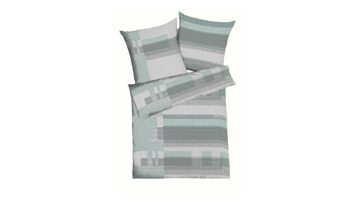 Biber-Bettwäsche Minos 155 x 220 cm in mintgrün und grau gestreift mit Kissen und gefalteter Bettdecke auf weißem Untergrund.