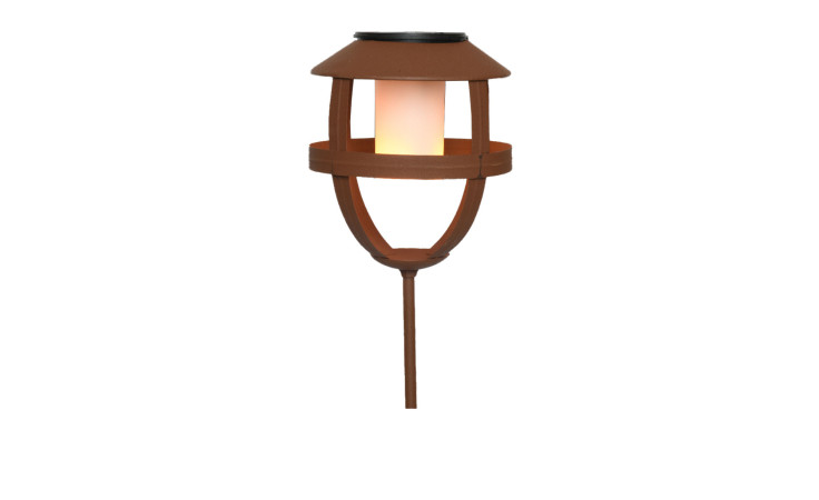 Solar-Fackel, rustikal-braune Gartenpfahlleuchte, 13 cm mit Milchglasschirm, isoliert auf weißem Hintergrund.