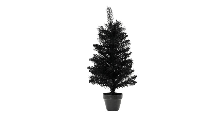 Der Mini-Tannenbaum Berlin 45 cm ist ein künstlicher Weihnachtsbaum in Schwarz, der in einem schwarzen Topf auf weißem Hintergrund steht.