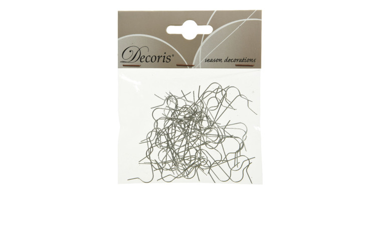 Eine Packung Kugelaufhänger 50 tlg. Ornamenthaken in silberfarben, sichtbar in klarer Decoris Verpackung.