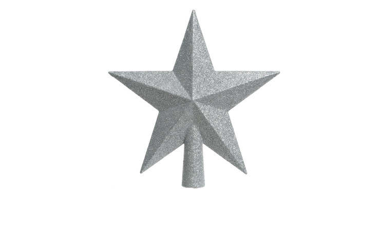 Die Baumspitze Stern 19 cm ist ein glitzernder silberfarbener Glitzerstern aus Kunststoff mit zylindrischem Fuß.