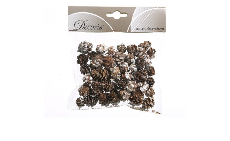 Eine durchsichtige Packung Zapfen 45 g mit Kunstschnee, beschriftet als Decoris Deko Saisondekoration.