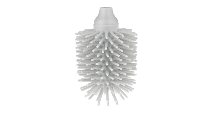 Hellgrauer WC-Ersatzbürstenkopf, 8 cm, zylindrisch mit dichten kurzen Spiralborsten, auf weißem Hintergrund.