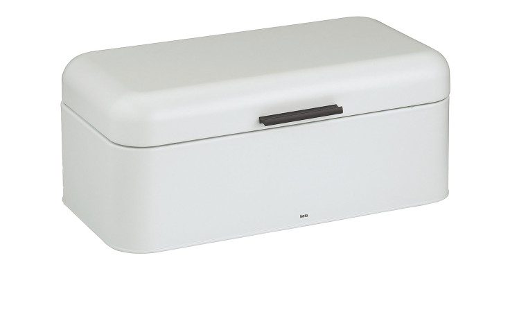 Rechteckiger Brotkasten Frisca 42,5 cm aus weiß mattem Metall mit Dekor, abgerundetem Deckel und schwarzem Griff.