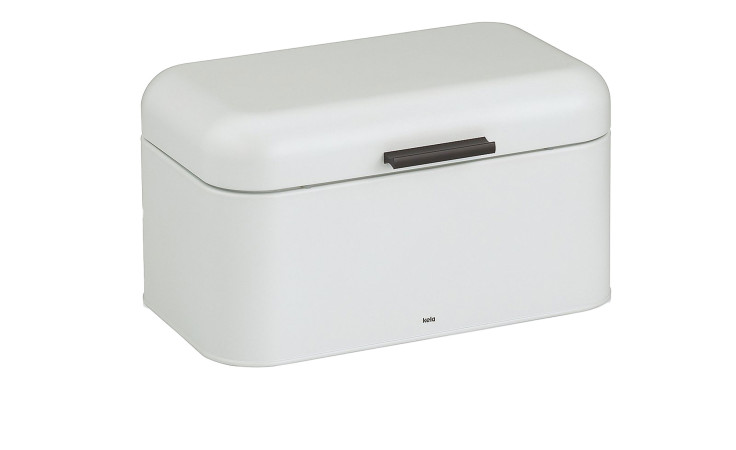 Der Brotkasten Frisca 30 cm ist ein weißer, matter Metallbrotkasten mit abgerundetem Deckel und schwarzem Griff, ideal für eine stilvolle Einrichtung.